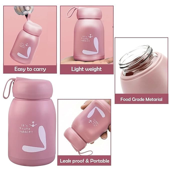 Image of Teddy Glass Water Bottle, 330ml - Cute Rabbit Design with Silicone Carry Loop & Airtight Lid | Portable Wide Mouth Glass Sipper for School, Office, & Travel |Random Colour