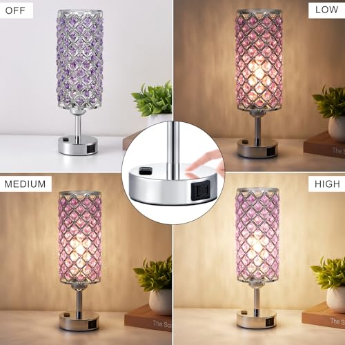 Image of Hong-in Crystal Lamps Set of 2, 3 Way Dimmable Touch Lamp with Crystal Shade, Bedside Nightstand Lamps for Living Room Bedroom Home Office(Purple)