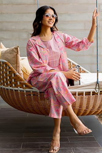 Image of MIRCHI FASHION Pure Cotton Kurta with Shrug Set | 3 Piece Cordset with Jacket & Pant | Ethnic Work Wear & Travel Wear Co-ord Set