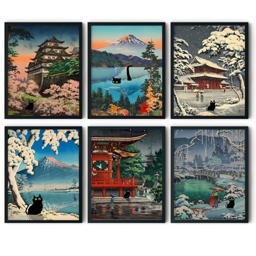 6 pcs Japanese Black Cat Wall Art Cute Japan Traditional