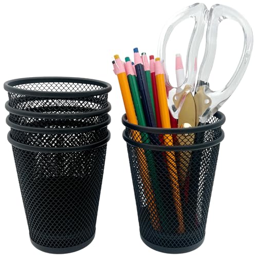 MNVHOKY 6 Pack Wire Mesh Pen Holder Set – Black Metal Pencil Cups for Desk Organizer, Office & Home Accessories