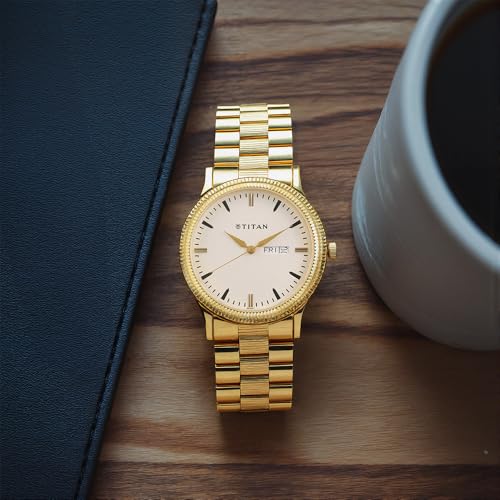 Image of Titan Quartz Analog With Day & Date Silver Dial Gold Stainless Steel Strap Watch for Men - NT1650YM03