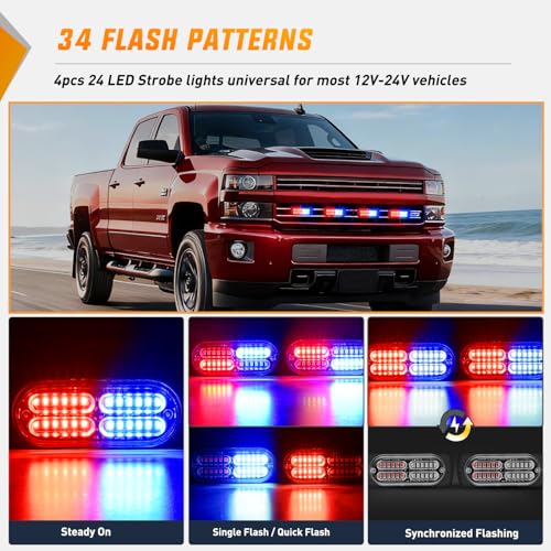 Image of Nilight 4PCS 24LED Red Blue Strobe Light 12V /24V Grille Surface Mount | Hazard Safety Warning Light with Sync Feature for Car Truck Camper Side Marker Aluminum Alloy Base Emergency Lights
