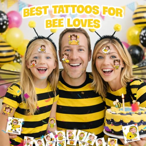 Image of Custom Bee Temporary Tattoos for Kids - Set of 20 | Personalized Pre-Cut Face Photo, Birthday Party Favors, For Boys Girls, Bee Lovers