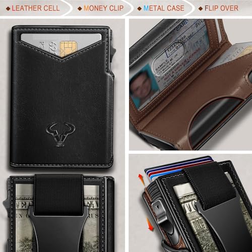 Image of BULLIANT Men Slim Leather Wallet Metal Case Money Clip-Magnetic Closure