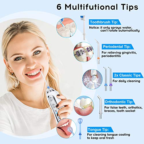 Water Flosser for Teeth, Professional Dental Oral Irrigator with 300ML Water Tank, 5 Mode and 6 Jet Tips, Cordless Portable and Rechargeable Waterproof Water Flossers for Home and Travel