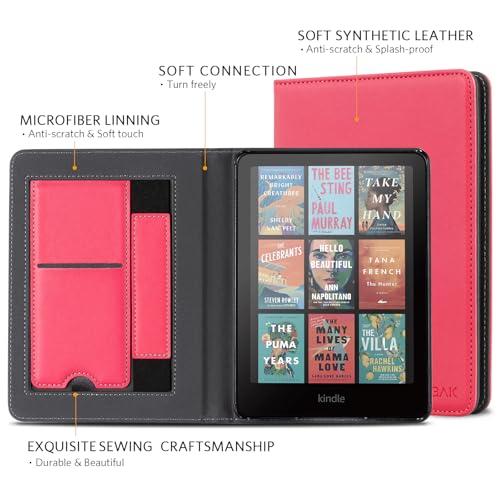 Image of CoBak Case with Stand for Kindle Paperwhite 12th Gen 2024 Released (7 inch) & Kindle Colorsoft Signature Edition - Durable PU Leather Cover with Auto Sleep Wake, Card Slot, Hand Strap Feature, Raspberry
