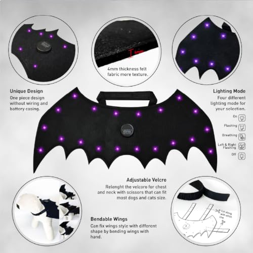 Spooky LED Bat Wings for Pets – 20 Lights, 4 Modes, Adjustable Fit for Cats & Dogs, Lightweight Halloween Costume with Long-Lasting Batteries XL - image 4