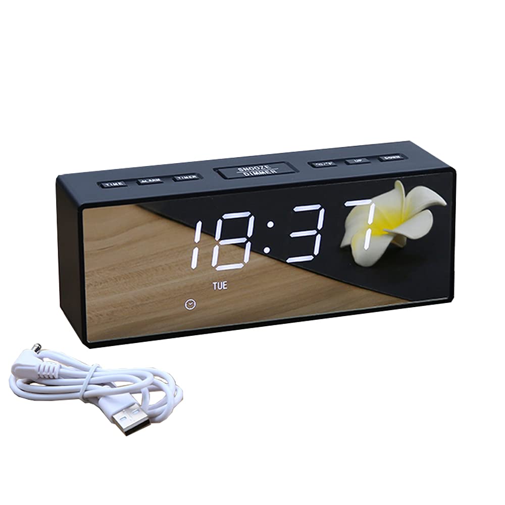 HZDHCLH Digital Alarm Clock for Bedroom ，Mirror and Led Desk Clock with Indoor Temperature Voice Control and Snooze Model (Black-White)