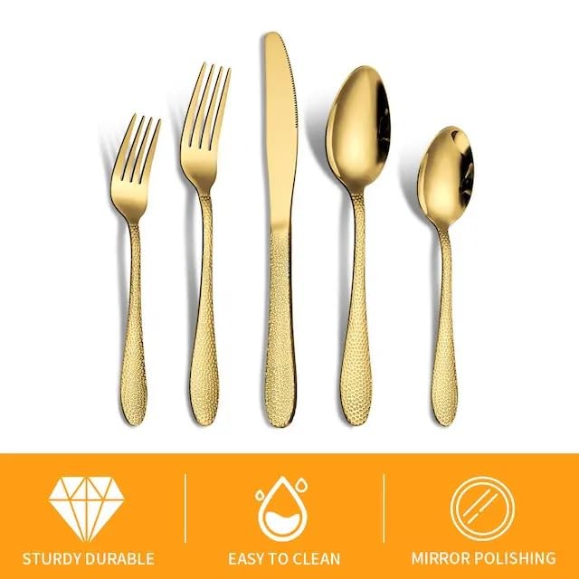Image of aDai Hammered Aurum Gold Silverware Set | 5-Piece Premium Stainless Steel Flatware Set | Dishwasher Safe Cutlery Set for Home, Restaurant & Gifting