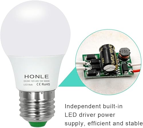 Miniatura 8 de Bombillas LED E26 de 12 a 24 V CA/CC, 3 W, bajo voltaje, blanco cálido, 3000 K, E27 Edison, base de tornillo estándar, equivalente a 25 W, para