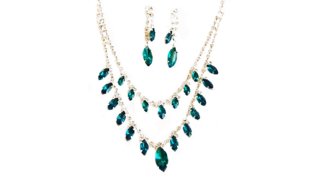 Double Row Festive Deep Aqua & Clear Crystal Marquis Necklace & Earring Set - Blue Jewelry