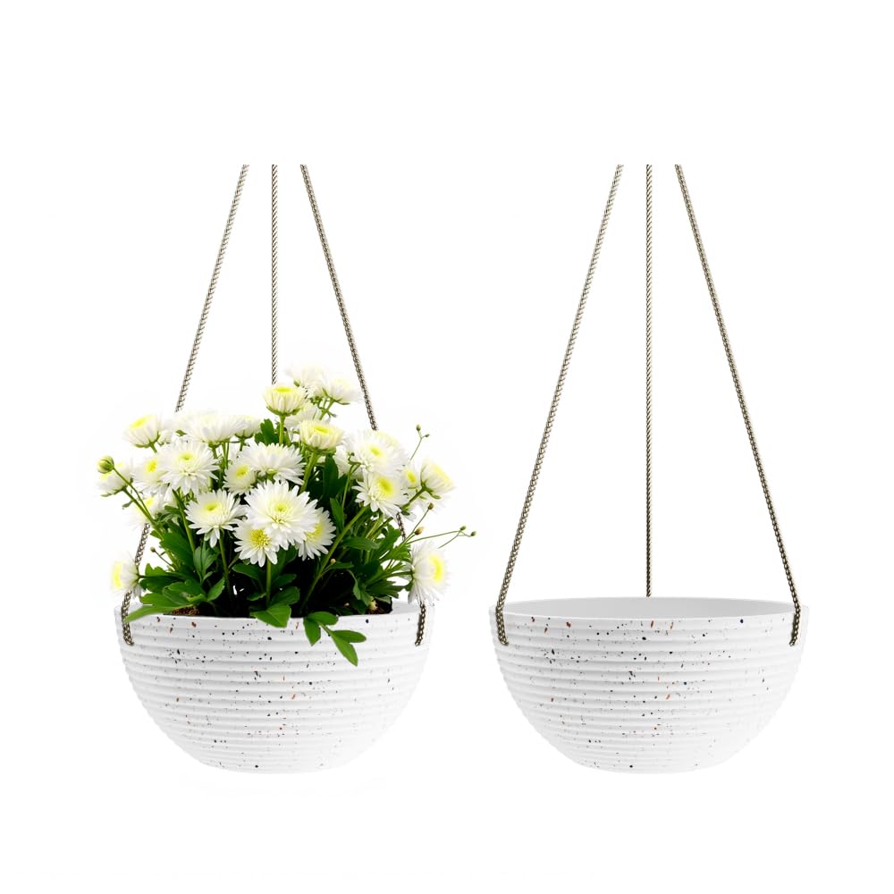 Asnext Line Pattern 10 Inch Hanging Planter for Indoor Outdoor Plants, 2 Pack Round Hanging Pots for Plants (Speckled White)