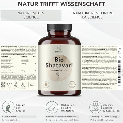 BIONUTRA© Bio Shatavari Kapseln, 270 Stück à 500 mg, hochdosiert, vegan & ohne Zusätze, rückstandskontrolliert, Deutsche Herstellung aus Shatavari Bio Wurzelpulver
