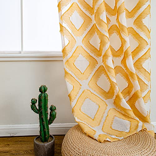 Linentalks Shaggy Yellow Sheer Curtains For Living Room, Diamond Patterned Geometric Faux Linen Sheer Curtains 96 Inches Long 2 Panels Set, Yellow Drapes Grommet Window Curtain Panels #TOP7