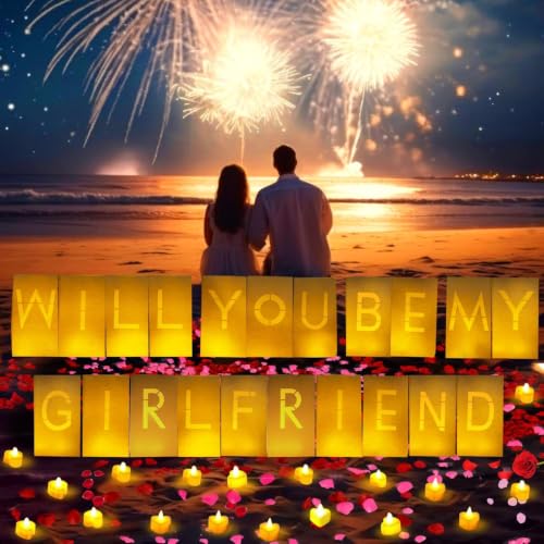 Image of Proposal Decor - Will You Be My Girlfriend Light Up Letters Luminaries Bags | Be My Girlfriend Proposal and Sign | 30PC Flameless Tea Candles and 2000PC Fake Rose Petals | Battery Include