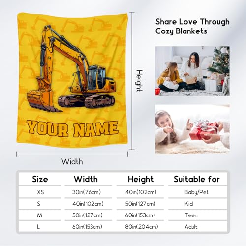 Personalized Blankets for Kids, Cozy Soft Excavator Throw Gifts for Boys, Yellow Flannel Construction Blankets for Bed Travel, 50x60 Inches