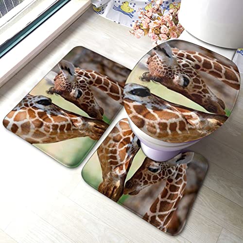 DIRYKILP Badematte + Konturmatte + Toilettendeckelbezug, zwei Giraffen 3-teiliges Badematten-Set, mit rutschfester Klebeunterseite