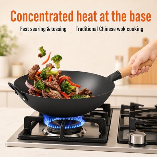 Image of WANGYUANJI 14.2 Inch Round Bottom Carbon Steel Wok, Nitrided Iron Chinese Stir Fry Pan for Gas Wok Burner, Wok Ring Needed for Flat Gas Grates, Wooden Handle