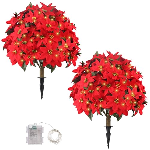 Sunnyglade 27' Set of 2 Artificial Poinsettia Flower Topiary Trees with 100LED Lights, Faux Xmas Decor Poinsettia Tree with Ground Spike, Lighted Fake Plants for Indoor Outdoor Christmas Decor