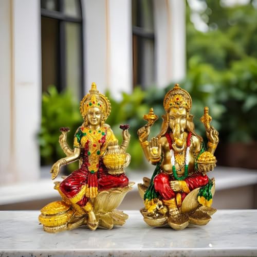 Image of YASHONIDHI Lakshmi Ganesh Idols Set, Gold and Maroon Color, Laxmi Ganesha Murti for Diwali Pooja, Puja Room, Ideal Gift for Housewarming & Festivals