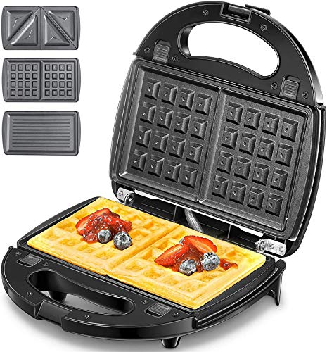 Sandwichmaker 3 in 1, Waffeleisen Sandwichtoaster Kontaktgrill, 6 Antihaftbeschichtete Abnehmbare Spülmaschinenfeste Platten, 2
