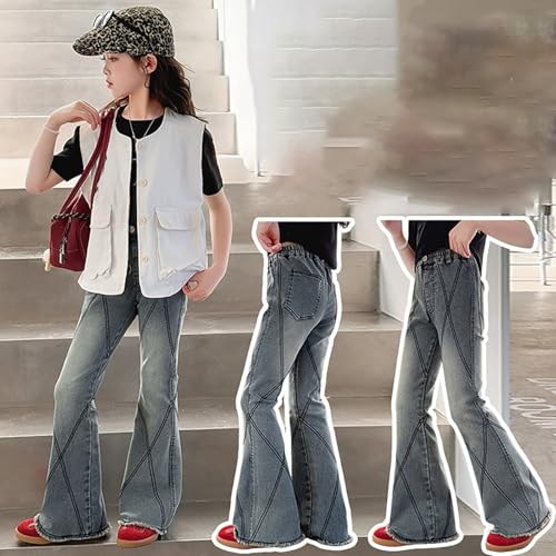 BILIKEYU Girls Flared Denim Pants Tassels Trim Elastic High Waist Stretchy Slim Fit Jeans with Pockets4