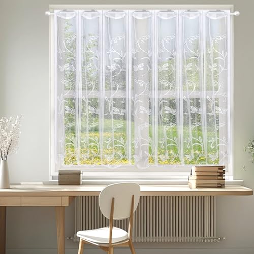 Heveer Visillo Cortina de bistró semitransparente Cortinas Cortinas cortas Cortina de ventana con flores Cortina corta para ventana cocina salón AnxL 100 x 90cm