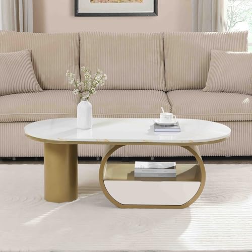 Image of Faux Marble Nesting Coffee Table Set of 2 | Coffee Table Set with End Table,Oval Living Room Table with Gold Metal Base,Marble Grain Top & 1 Drawer,Stack Tea Table Set