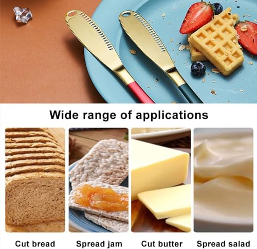 Image of Butter Spreader Knife, Stainless Steel, 3 in 1 Kitchen Gadgets, Curler, Butter Grater, Shredding Slots and with Serrated Edge Knife with Hole(Gold-Green, Set of 1)