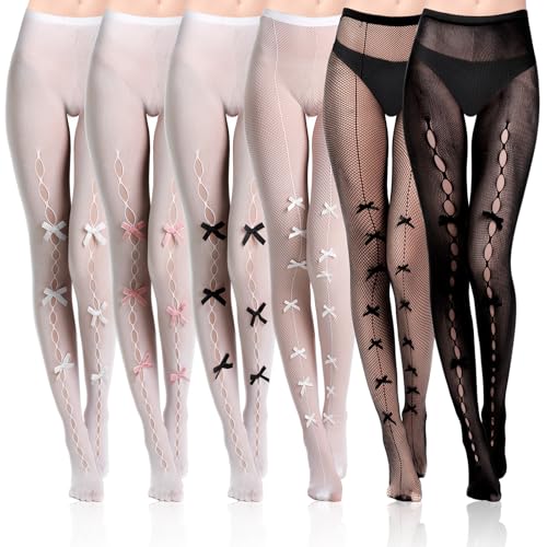 Image of Coume 6 Pairs Women's Bow Tights Lolita Fishnet Patterned Tights Y2k Kawaii Bowtie Fishnet Stockings Leggings Lace Mesh Hollow Stitched Socks Coquette Cute High Thigh for Christmas Women Gift