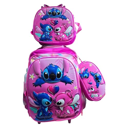 Kit Mochila Escolar Infantil Stitch com rodinhas com mochila lancheira e estojo