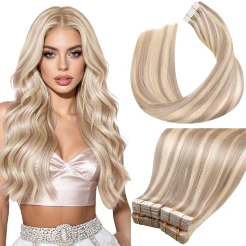 Image of LaaVoo Human Hair Tape in Extensions Ash Blonde Tape in Hair Extensions Human Hair Highlights Blonde with Ash Blondes 00G 40pcs 24Inch