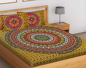 SheetKart Elephant Mandala 144 TC 100% Cotton Double Super King Size Bedsheet with 2 Pillow Covers, Yellow