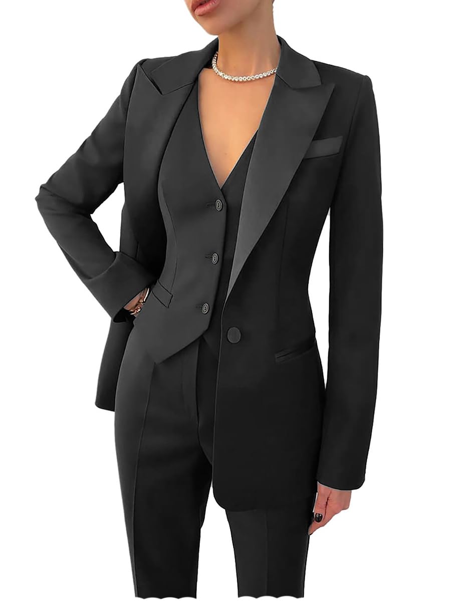 Women's Suiting 3 Piece Suit for Women Business Solid Peaked Lapel Suit Blazer Pants Set Office Lady Outfits Suits