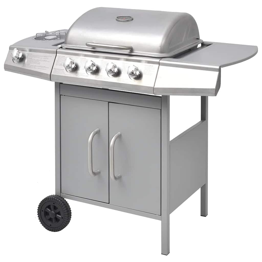 Barbecue a gas 4+1 con fornello laterale, carrello in acciaio inox, con copertura, termometro, vaschetta raccogli grasso, 104 x 55,4 x 97,7 cm, argento