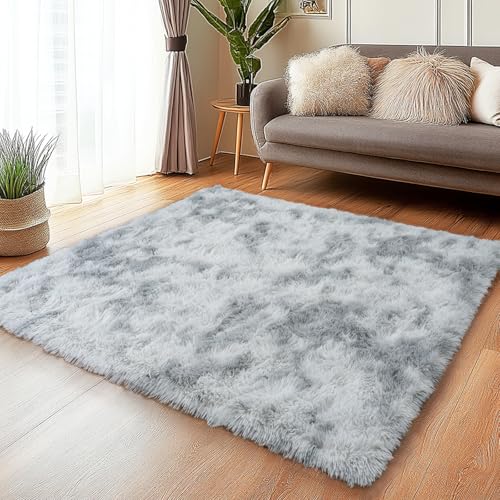 Tie-Dyed Grey Rugs for Bedroom 3x5 ft - Ultra Soft Faux Fur Area Rug - Plush Non-Slip Shaggy Carpet for Living Room, Cozy Fluffy Rug for Kids Boys Girls Dorm Nursery Room, High Pile Floor Carpet