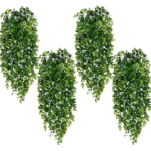 Waipfaru 4Pcs Fake Hanging Plants 2.7ft Fake Plants Eucalyptus Leaves UV Resistant Fake Vines Ivy Artificial Plants Outdoor Faux Plants Indoor Bedroom Living Room Boho Wall Porch Shelf Decor