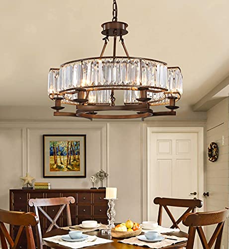 APBEAM Vintage Crystal Round Chandelier with Brown Frame Rustic Farmhouse Pendant Lighting Fixture Flush Mount for Dining Room Bedroom Living Room