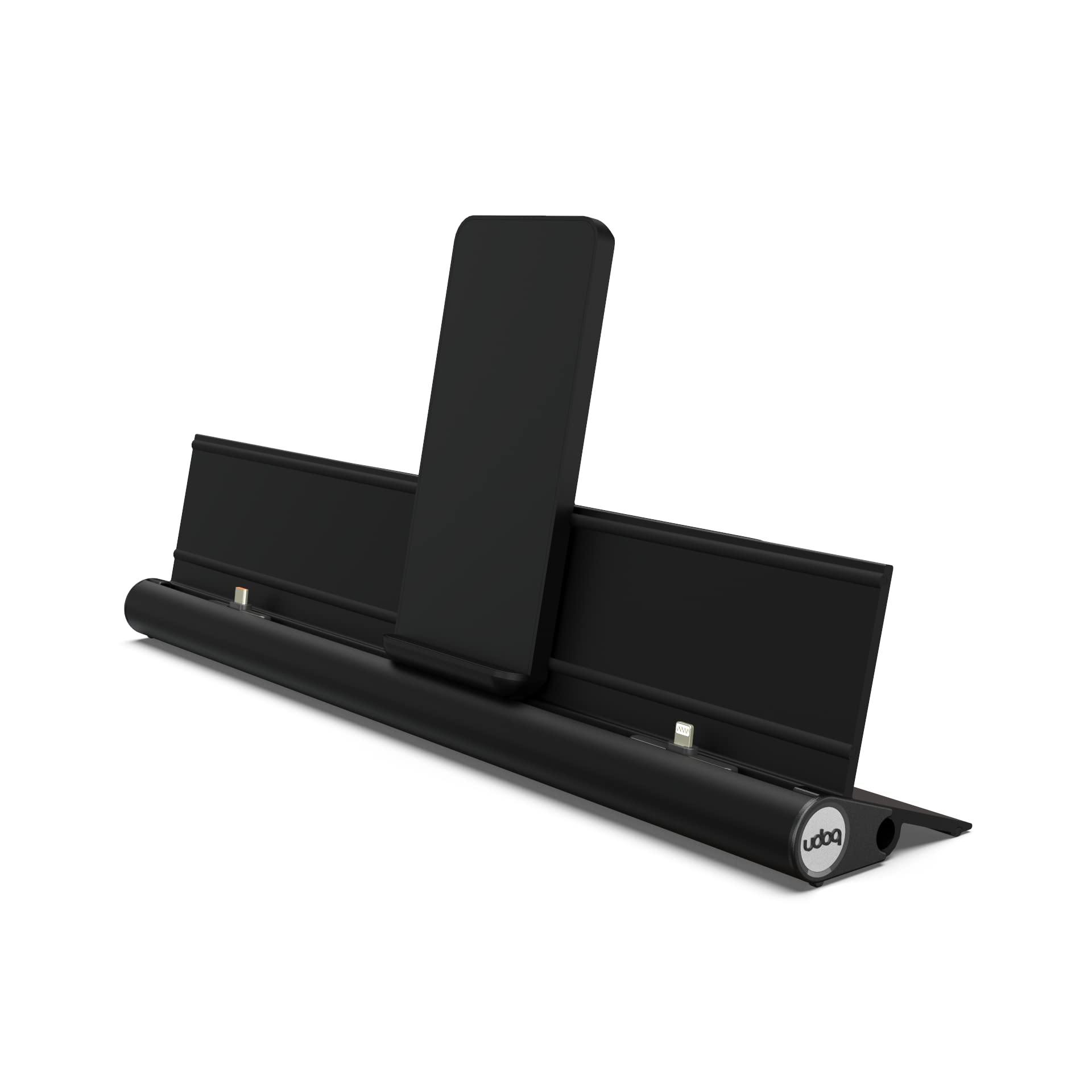 Stazione di ricarica universale per smartphone, tablet e AirPods, udoq 400, in alluminio, con alimentazione rapida e adattatore wireless (nero)