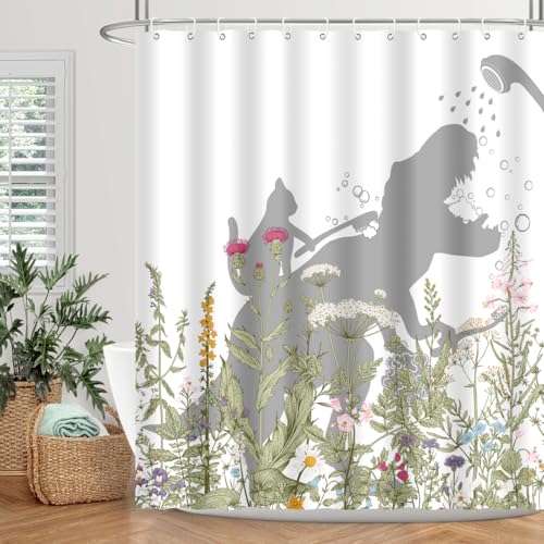 Image of Cat Dinosaur Shower Curtain Funny Cat Help Dino Bathe Behind Wildflowers Trex Silhouette Shadow for Kids Bathroom Home Decor Waterproof Polyester Fabric 72Lx60W Inch with Hooks