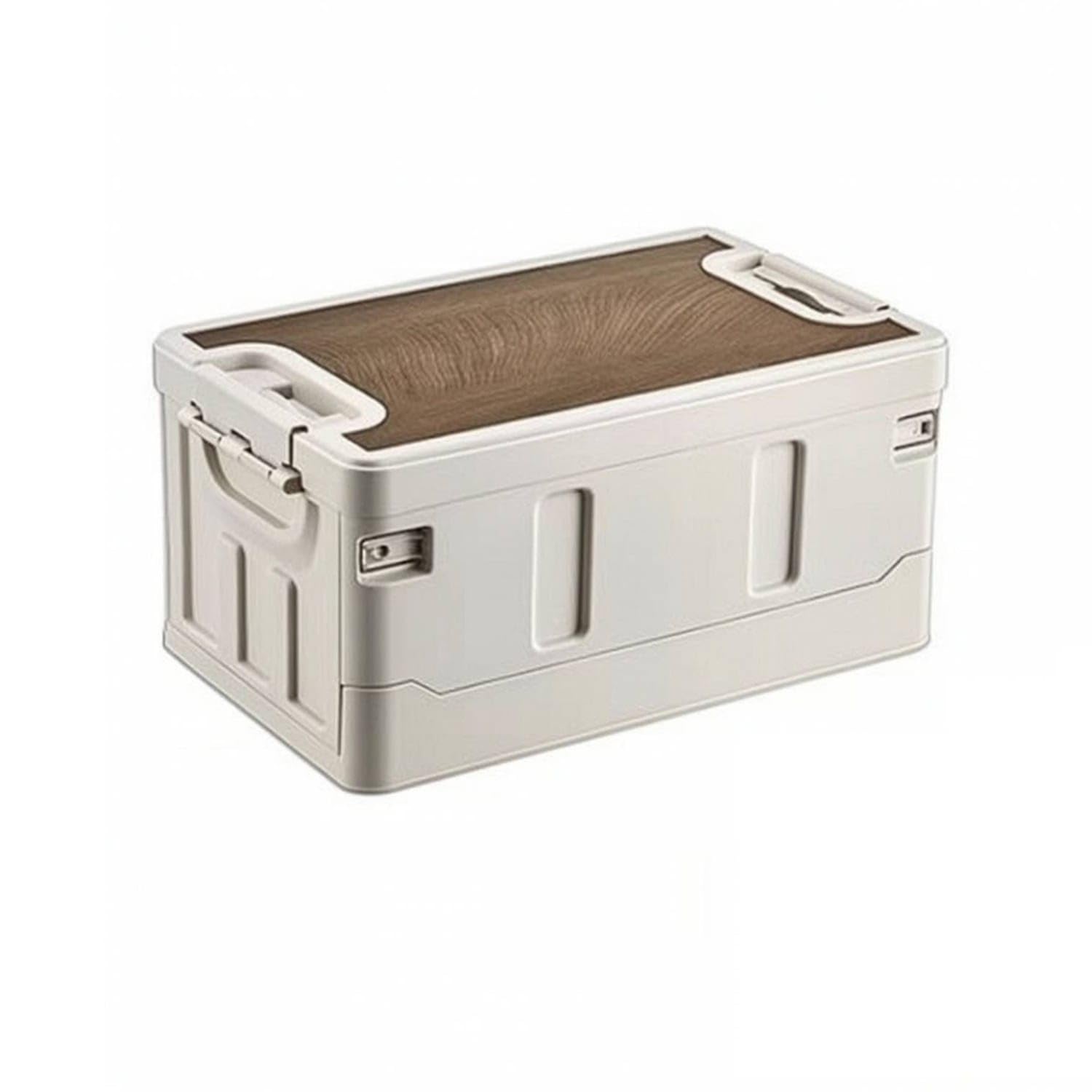portable storage box with wood lid space-saving collapsible storage bin sturdy collapsible utility box durable for campers, camping, car trunk, picnic, white, 35l