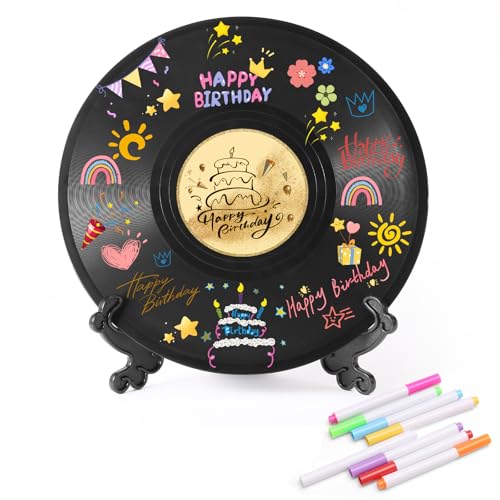 Vinyl Record Birthday Decorations, DIY Birthday Record Guest Book Alternatives with 12 Pens, 11.6x11.6 Happy Birthday Party Favor Sign Poster, Unique Keepsake Gift for Women Men Girls or Boys