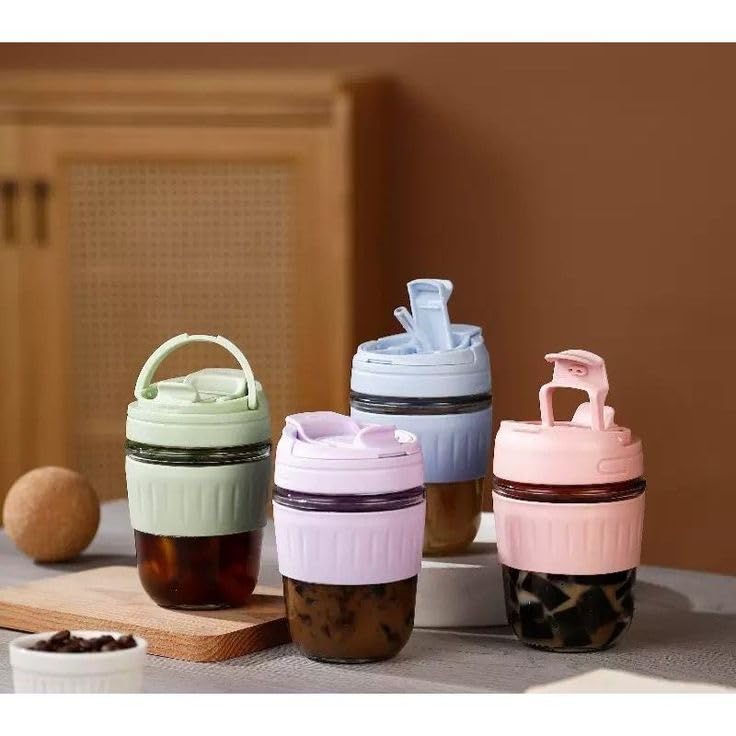 Image of criterion 350ml Reusable Glass Coffee Mug with Straw - 2-in-1 Leakproof Lid, Anti-Slip Grip - Sipper Tumbler for Home, Office, Car - Set of 1