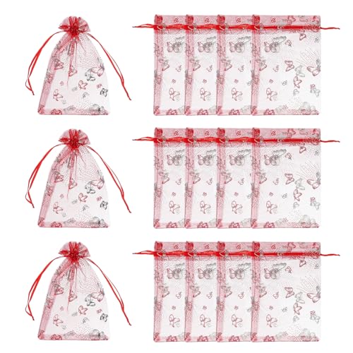 Pochons à bonbons de mariage en organza rouge argenté pour invités