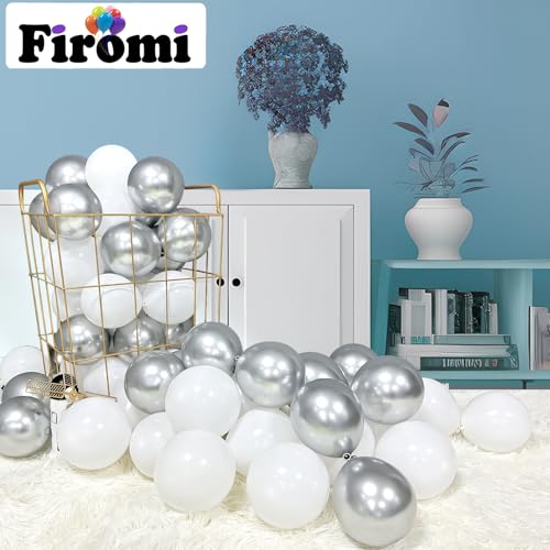 Image of Firomi Metallic Chrome Silver Balloons 5-inch 100 Pack (with 2 Ribbons)