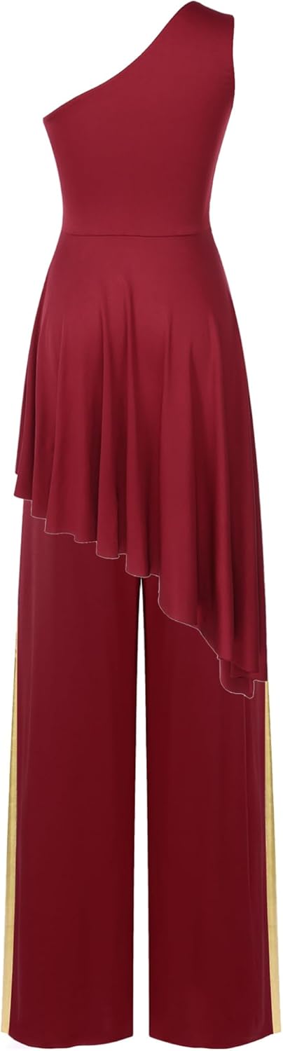 Women Liturgical Praise Dance Outfit One Shoulder Lace Patchwork Asymmetrical Worship Dress with Wide-Leg Pants