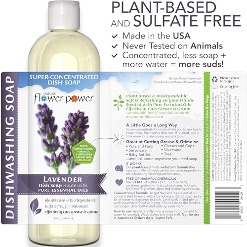Image of Natural Flower Power Liquid Dish Soap | Lavender 16 Fl Oz | Pack of 3 | Plant-Based & Scented w / Pure Essential Oils | Natural Liquid Dishwashing Detergent | Sulfate-Free Kitchen Soap | Vegan