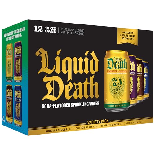Image of Liquid Death Soda-Flavored Sparkling Water - Classic Variety 2, Less Sugar*, Huge Flavor, No Artificial Sweeteners, 4 Flavors: Sinister Ginger, Doctor Death, Cola, Root Beer, 12 Fl Oz (Pack of 12)