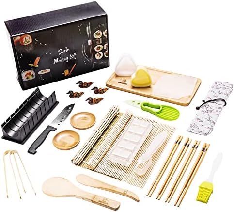 BRODEVET – Kit Sushi Completo NOVITÀ 2022, 28 Pezzi compreso di GUIDA PRATICA, Sushi Kit Professionale, Sushi Fai Da Te Per Principianti, Con Tovagliette, Bacchette, 28,3×9,8×20,2cm